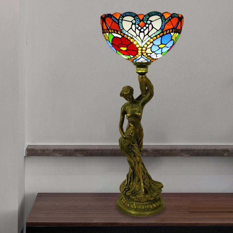 Bowl Table Night Lamp In Brass With Stained Glass Baroque Petal/Dragonfly Pattern & Resin Naked
