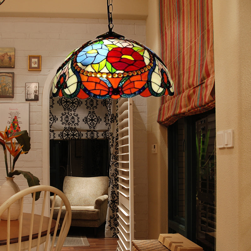 Bloom Victorian Stained Glass Ceiling Lamp - Triple Bulb Pendant Light With Adjustable Chain In Red