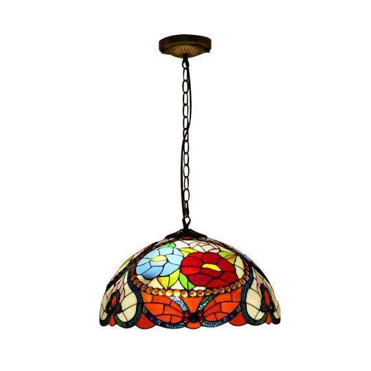 Bloom Stained Glass Ceiling Pendant Light with Adjustable Chain - Victorian Red/Yellow/Red-Yellow-Blue-Green (Set of 3)