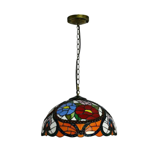 Bloom Victorian Stained Glass Ceiling Lamp - Triple Bulb Pendant Light With Adjustable Chain In Red