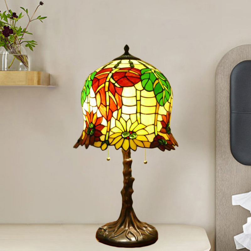 Victorian Bell Table Light - 2 Heads Hand Cut Glass Nightstand Lamp In Blossom Pattern Yellow &