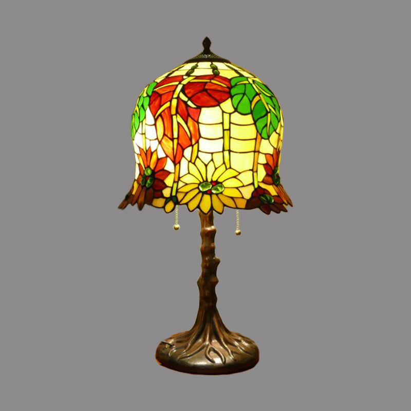 Victorian Bell Table Light - 2 Heads Hand Cut Glass Nightstand Lamp In Blossom Pattern Yellow &