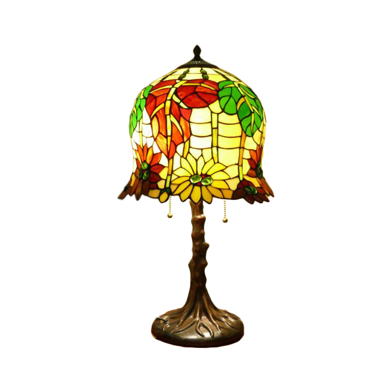 Victorian Bell Table Light - 2 Heads Hand Cut Glass Nightstand Lamp In Blossom Pattern Yellow &