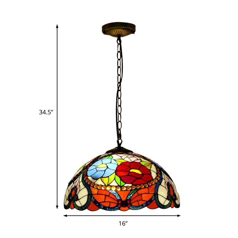 Bloom Victorian Stained Glass Ceiling Lamp - Triple Bulb Pendant Light With Adjustable Chain In Red