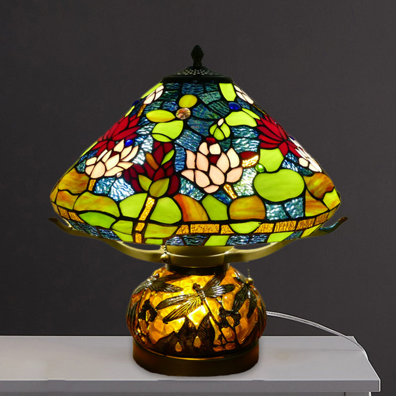 Mediterranean Stained Glass Conic Table Lamp - Green Lotus Patterned Nightlight For Bedroom