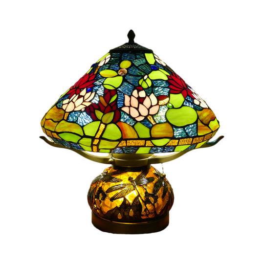 Mediterranean Stained Glass Conic Table Lamp - Green Lotus Patterned Nightlight For Bedroom