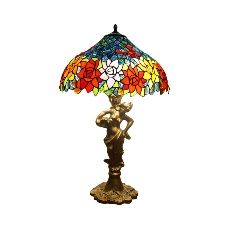 Mediterranean Gold Bowl Night Lamp With Stunning Naked Woman Base - 3 Lights And Cut Glass Pull