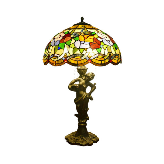 Baroque Gold Stained Glass Flower Patterned Night Lighting Lamp With Elegant Bell/Scalloped Design
