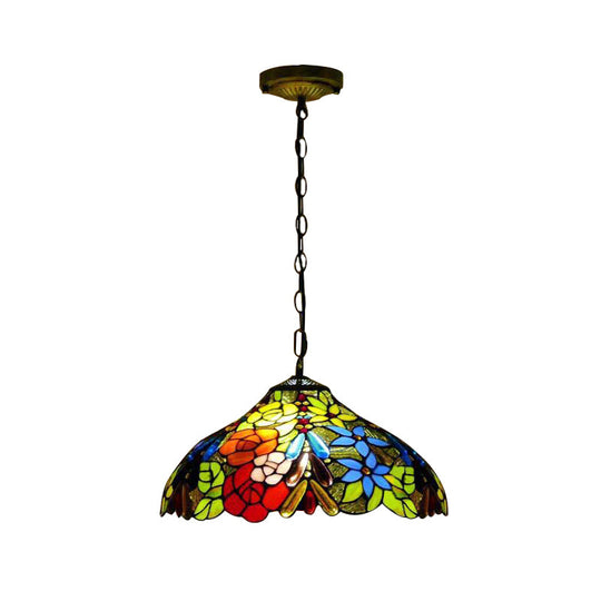 Bloom Stained Glass Ceiling Pendant Light with Adjustable Chain - Victorian Red/Yellow/Red-Yellow-Blue-Green (Set of 3)