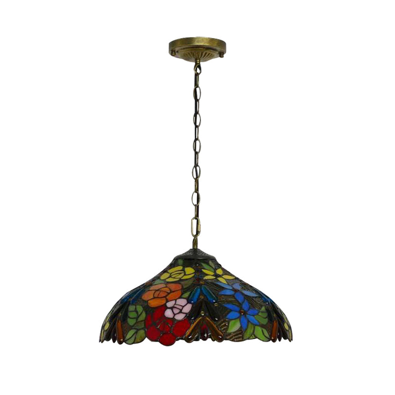 Bloom Stained Glass Ceiling Pendant Light with Adjustable Chain - Victorian Red/Yellow/Red-Yellow-Blue-Green (Set of 3)