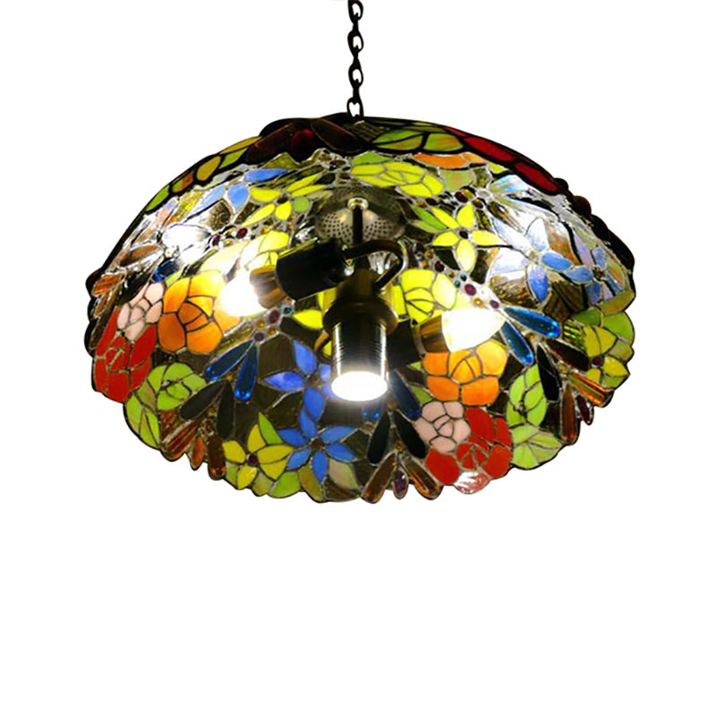 Bloom Stained Glass Ceiling Pendant Light with Adjustable Chain - Victorian Red/Yellow/Red-Yellow-Blue-Green (Set of 3)