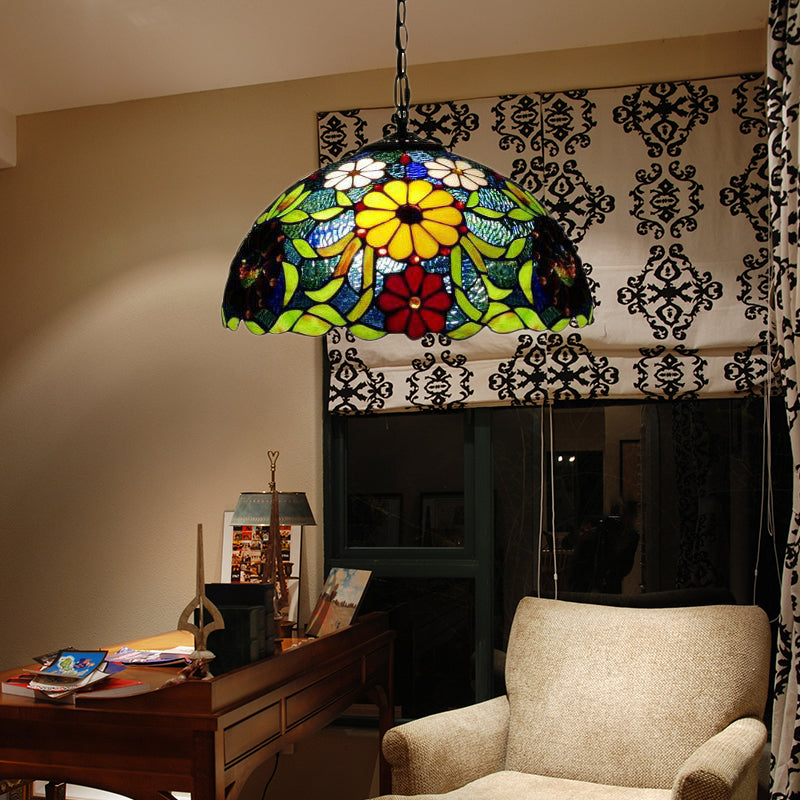 Bloom Victorian Stained Glass Ceiling Lamp - Triple Bulb Pendant Light With Adjustable Chain In Red