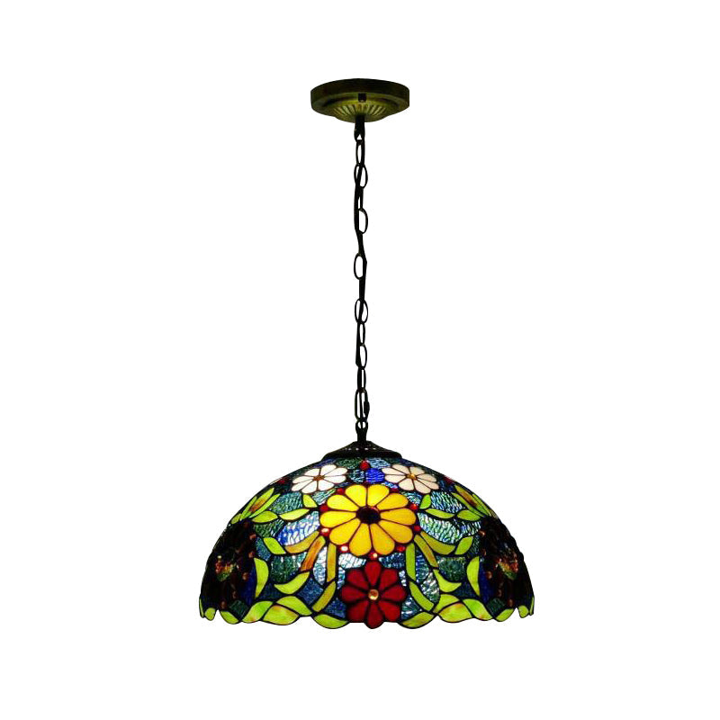 Bloom Stained Glass Ceiling Pendant Light with Adjustable Chain - Victorian Red/Yellow/Red-Yellow-Blue-Green (Set of 3)