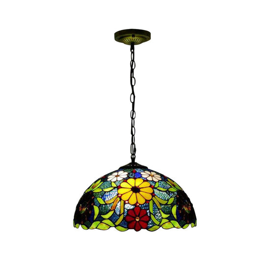 Bloom Stained Glass Ceiling Pendant Light with Adjustable Chain - Victorian Red/Yellow/Red-Yellow-Blue-Green (Set of 3)