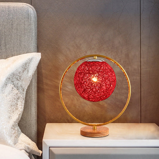 Minimalist Beige/Red Sphere Desk Lamp With Single Fabric Head And Round Frame Design