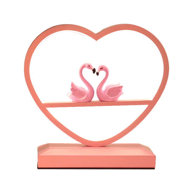 Nordic Loving Heart Led Table Lamp For Sleeping Room - Metallic Pink With Swan Deco