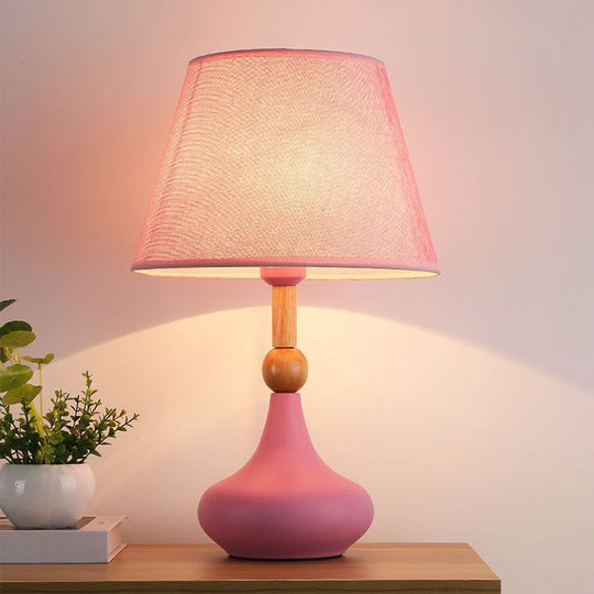Macaron Fabric 1-Head Night Table Light With Metallic Vase Base - Grey/Pink/Blue Pink