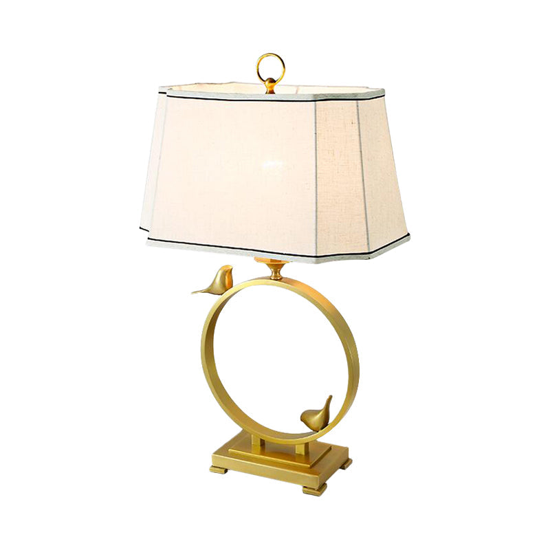 Chloé - Brass Fabric Brass Desk Lamp Paneled Cuboid 1 Light Rustic Style Night Lighting with Bird Deco