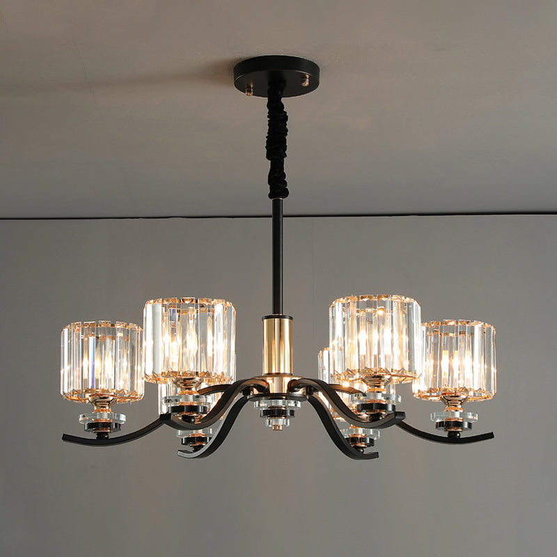 6-Bulb Black Cylinder Hanging Ceiling Light with Crystal Prisms - Elegant Bedroom Chandelier Lamp