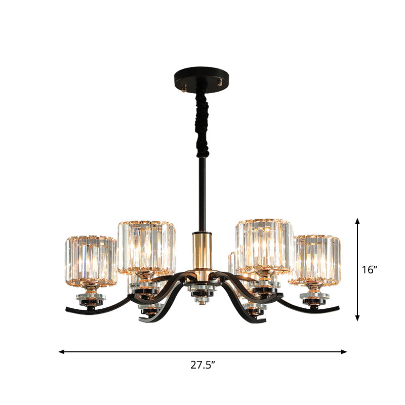 6-Bulb Black Cylinder Hanging Ceiling Light with Crystal Prisms - Elegant Bedroom Chandelier Lamp
