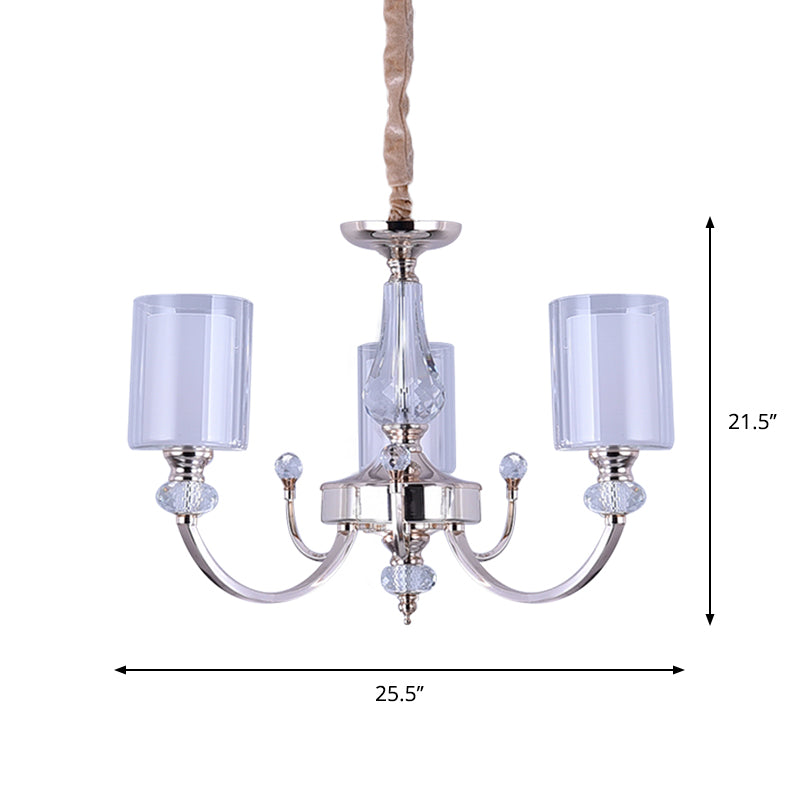 Modern 3-Light Gold Dual-Cylinder Chandelier with Clear and White Glass Shade