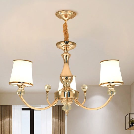 Modernist Opal Glass Cone Ceiling Pendant Chandelier - Chrome/Gold, Curved Arm, 3/6 Lights