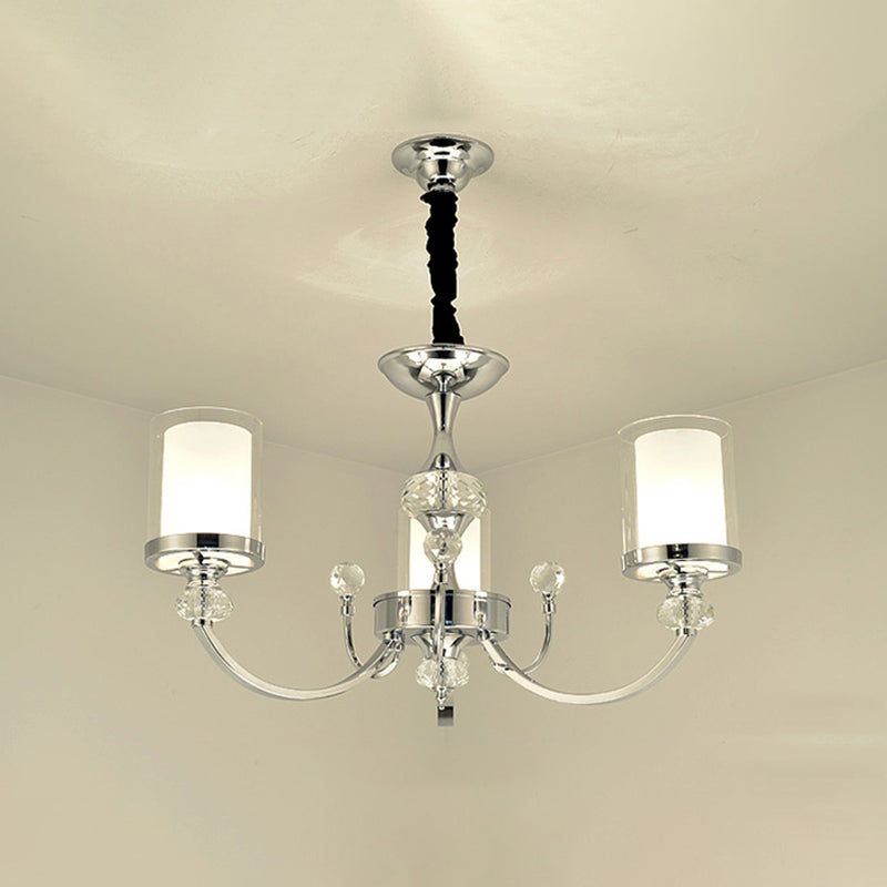 Minimalistic Crystal-Decorated Dual-Layer Parlor Ceiling Lamp with Clear and Opal Glass Shades - 3-Head Chandelier in Chrome
