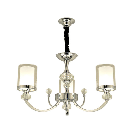 Minimalistic Crystal-Decorated Dual-Layer Parlor Ceiling Lamp with Clear and Opal Glass Shades - 3-Head Chandelier in Chrome