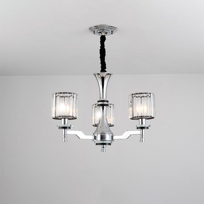 Modern Chrome Chandelier Light Fixture with Cylinder Crystal Prisms and 3 Bulbs