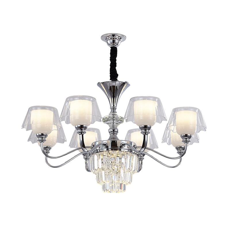 Layered Chandelier Minimalist Crystal Block Pendant - Chrome Ceiling Lighting with Clear Glass Shade (6/8-Light)