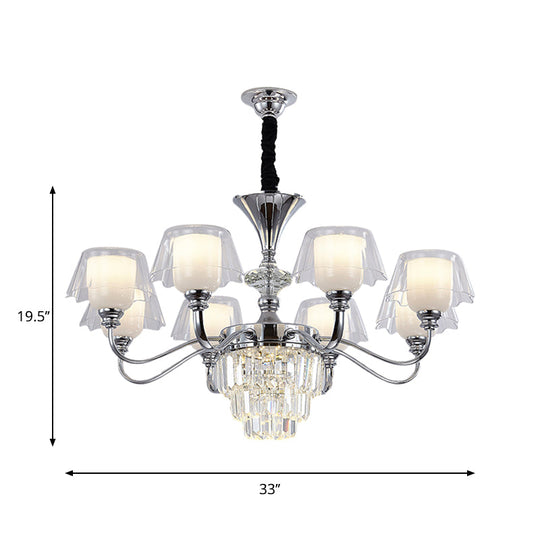 Layered Chandelier Minimalist Crystal Block Pendant - Chrome Ceiling Lighting with Clear Glass Shade (6/8-Light)