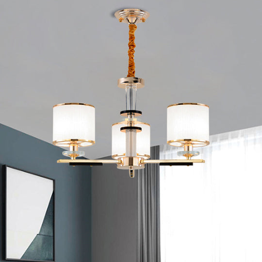 Simplicity Gold Chandelier Light with Opal Glass Shade - 3 Heads Drum Pendant for Drawing Room Ceiling