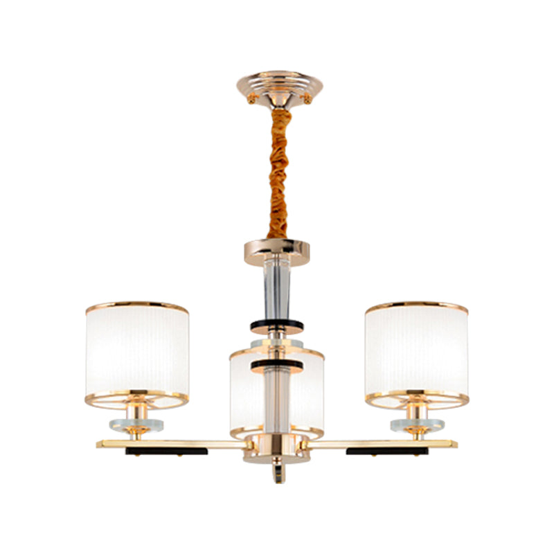 Simplicity Gold Chandelier Light with Opal Glass Shade - 3 Heads Drum Pendant for Drawing Room Ceiling