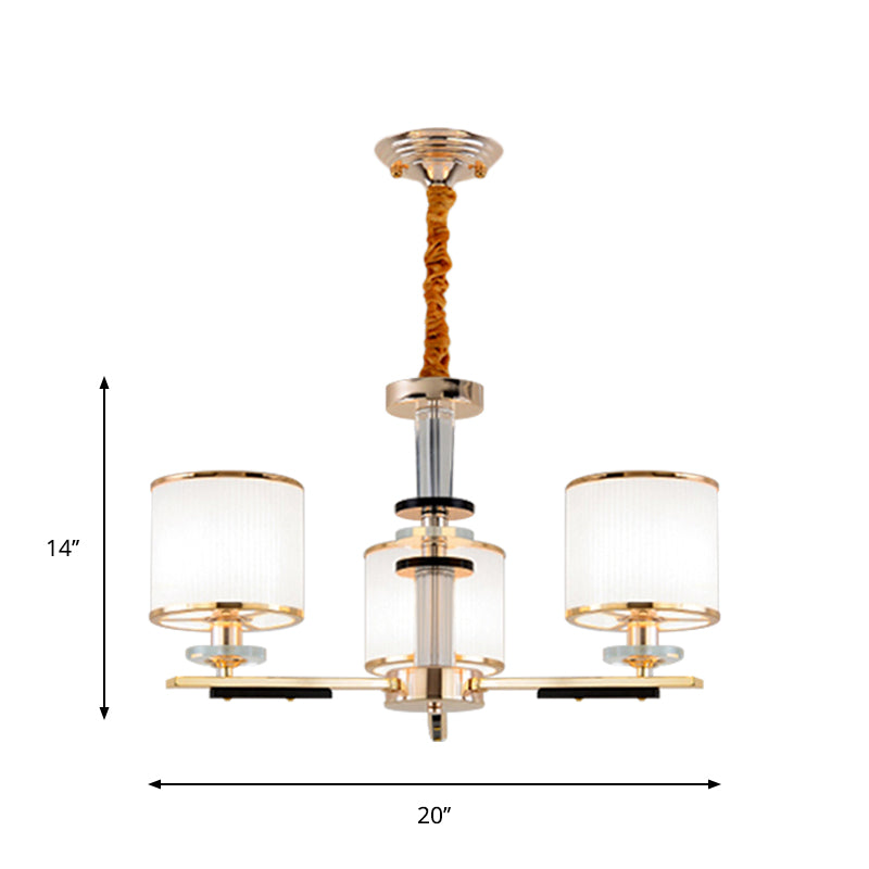 Simplicity Gold Chandelier Light with Opal Glass Shade - 3 Heads Drum Pendant for Drawing Room Ceiling