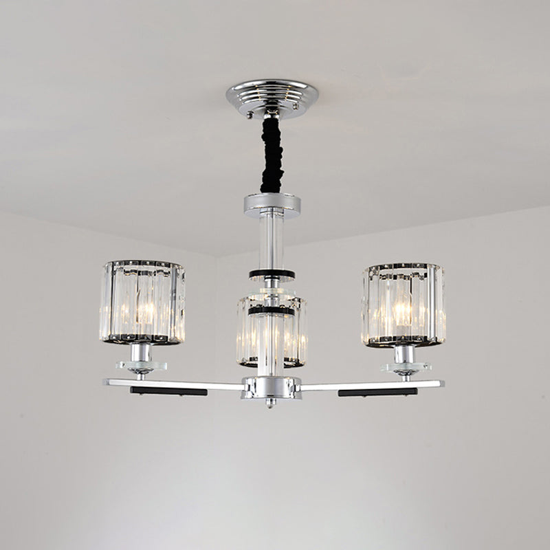 Minimalistic Chrome Pendant Chandelier With Clear Crystal - 3 Heads For Dining Room Lighting