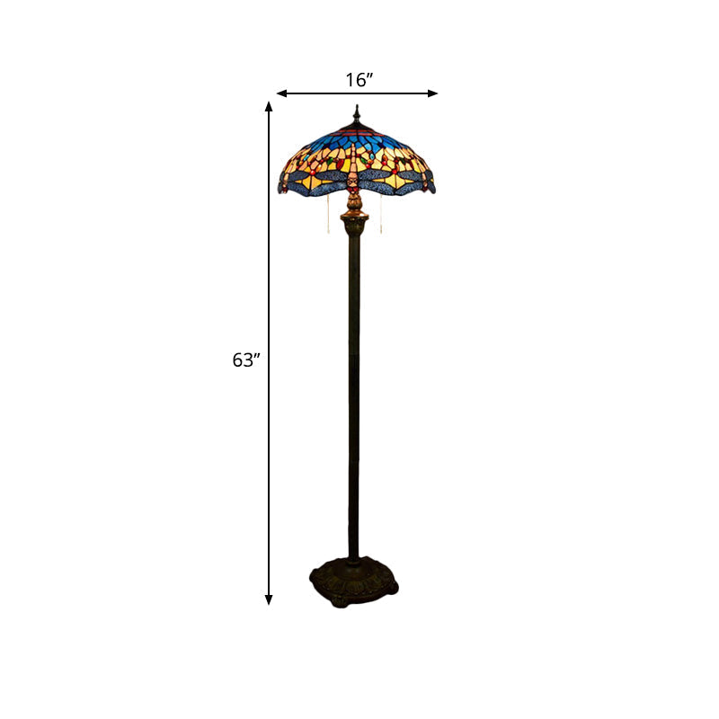 Dragonfly Floor Light - Stained Glass Mediterranean Standing Lamp With 2 Blue Heads And Bowl Shade