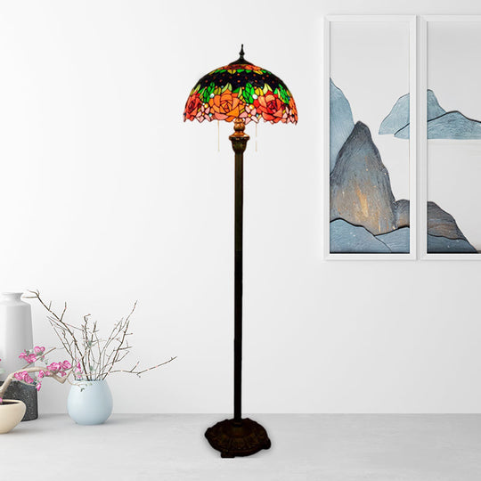 Tiffany Hand Cut Glass Floor Lamp: Floral Design Green Finish With Pull Chain And Dome Shade - 2