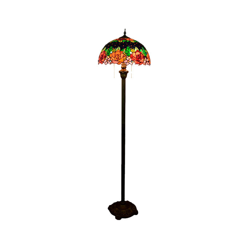 Tiffany Hand Cut Glass Floor Lamp: Floral Design Green Finish With Pull Chain And Dome Shade - 2