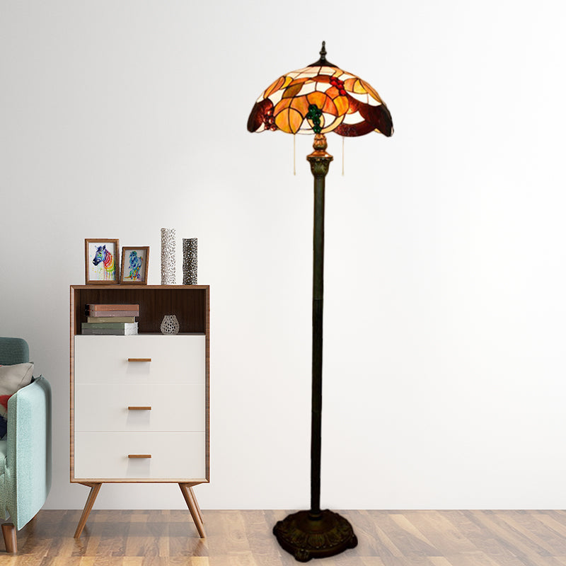 Baroque Scalloped Floor Lamp: 2-Bulb Cut Glass With Leaf And Grape Patterns Brass Finish Pull Chain