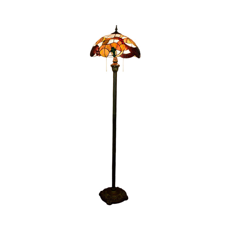 Baroque Scalloped Floor Lamp: 2-Bulb Cut Glass With Leaf And Grape Patterns Brass Finish Pull Chain