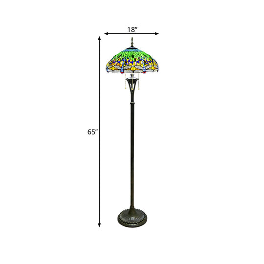 Dragonfly Reading Floor Lamp - Stained Glass Baroque Design 3 Heads Yellow/Blue/Green Pull Chain