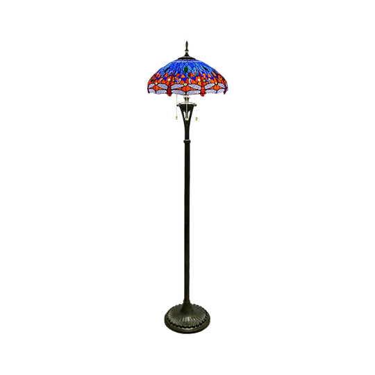 Dragonfly Reading Floor Lamp - Stained Glass Baroque Design 3 Heads Yellow/Blue/Green Pull Chain