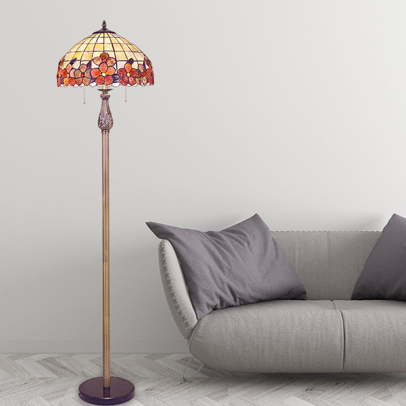 Shell Red Floor Lamp: Mediterranean Stand Up Light With Lattice Bowl And Flower Pattern - 2 Lights