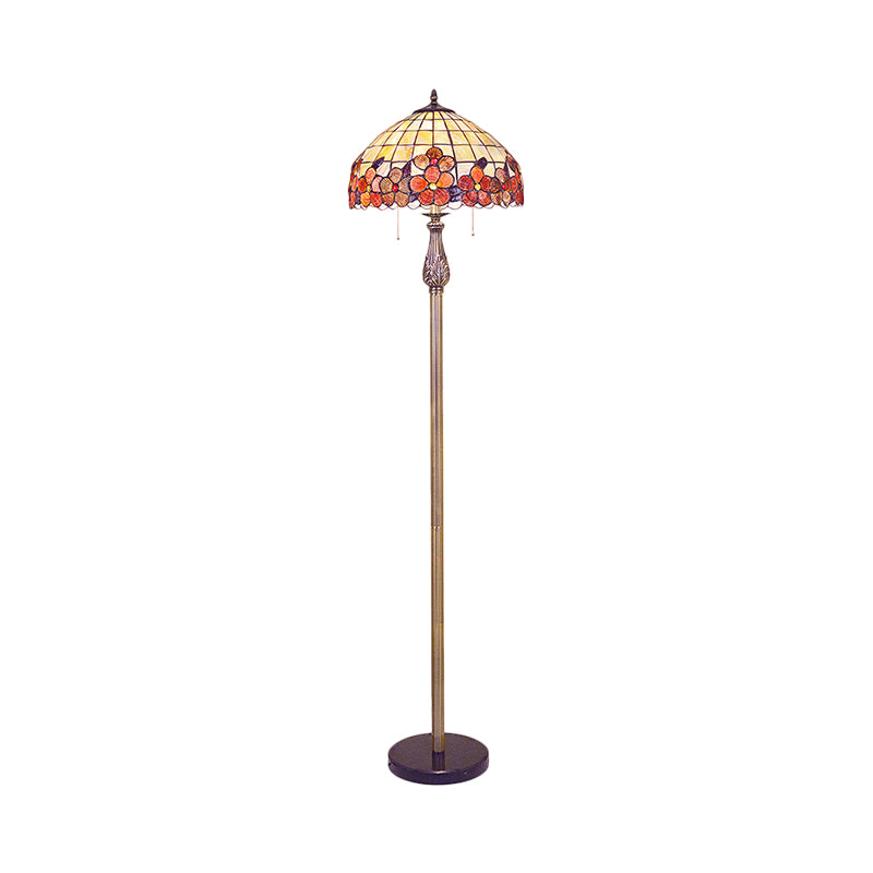 Shell Red Floor Lamp: Mediterranean Stand Up Light With Lattice Bowl And Flower Pattern - 2 Lights