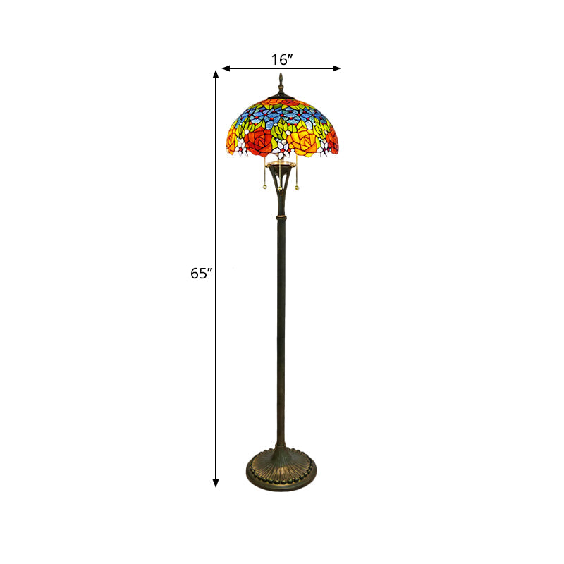 Tiffany Style Glass Floor Lamp With Pull Chain - 3 Bulbs Flower/Grapes Design In Blue/Green Or