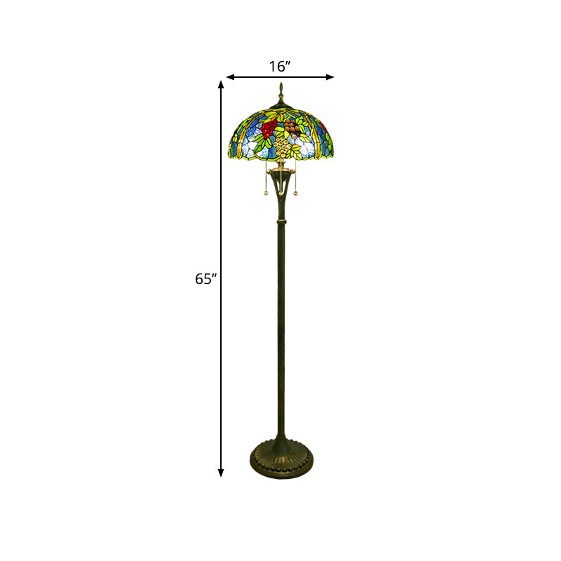 Tiffany Style Glass Floor Lamp With Pull Chain - 3 Bulbs Flower/Grapes Design In Blue/Green Or