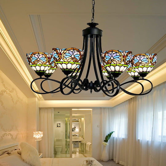 6-Light Stained Glass Bowl Pendant Lighting: Victorian Chandelier In Black Finish With Adjustable