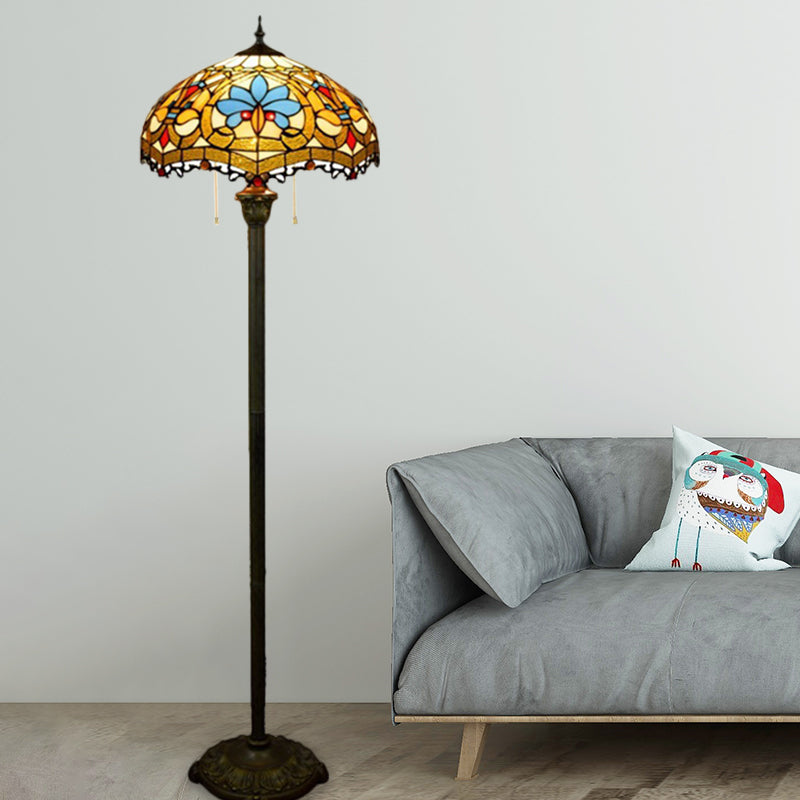 Tiffany Style Stained Glass Floor Lamp With Brass Finish And Pull Chain - Scalloped Dome Design 2