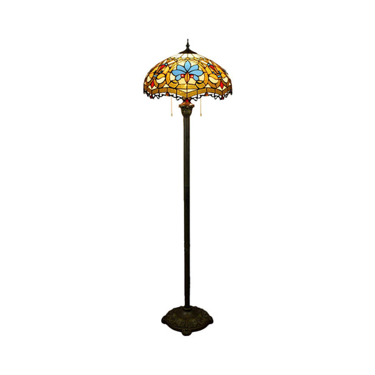 Tiffany Style Stained Glass Floor Lamp With Brass Finish And Pull Chain - Scalloped Dome Design 2