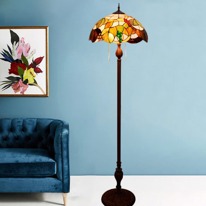 Copper Floor Lamp With Scalloped Cut Glass & Mediterranean Leaf And Grape Pattern - 3 Bulbs